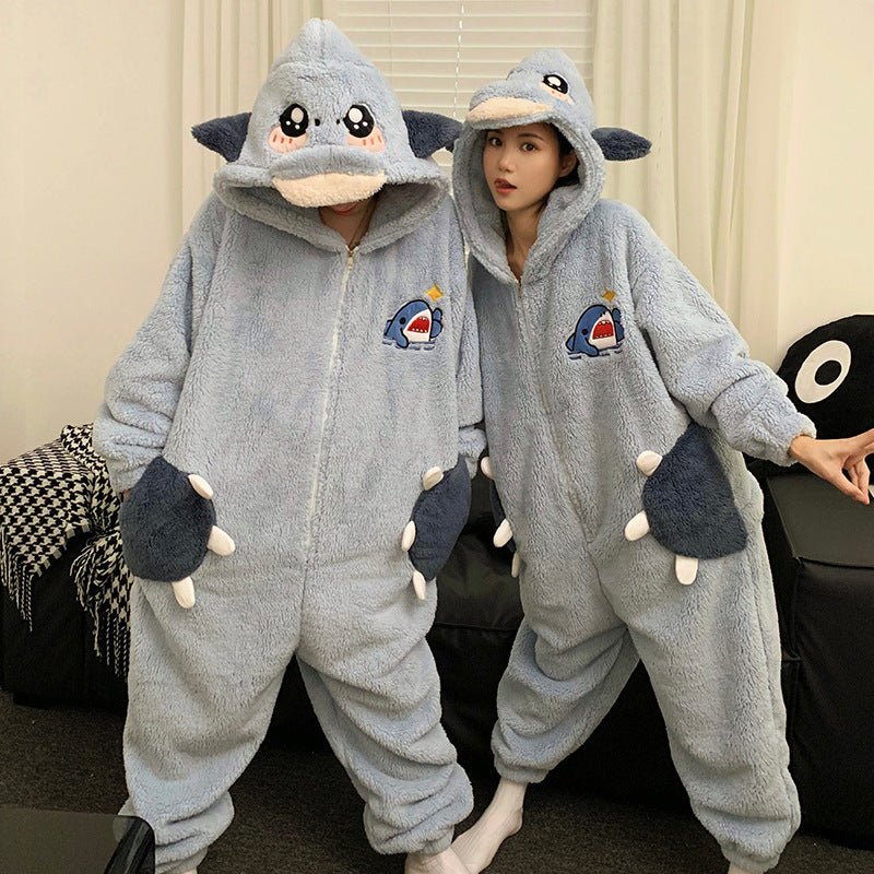 Cute Cartoon Jumpsuit Homewear Couple One-piece Nightgown Coral Fleece Winter Thickened Plush Pajamas For Women Home Clothes