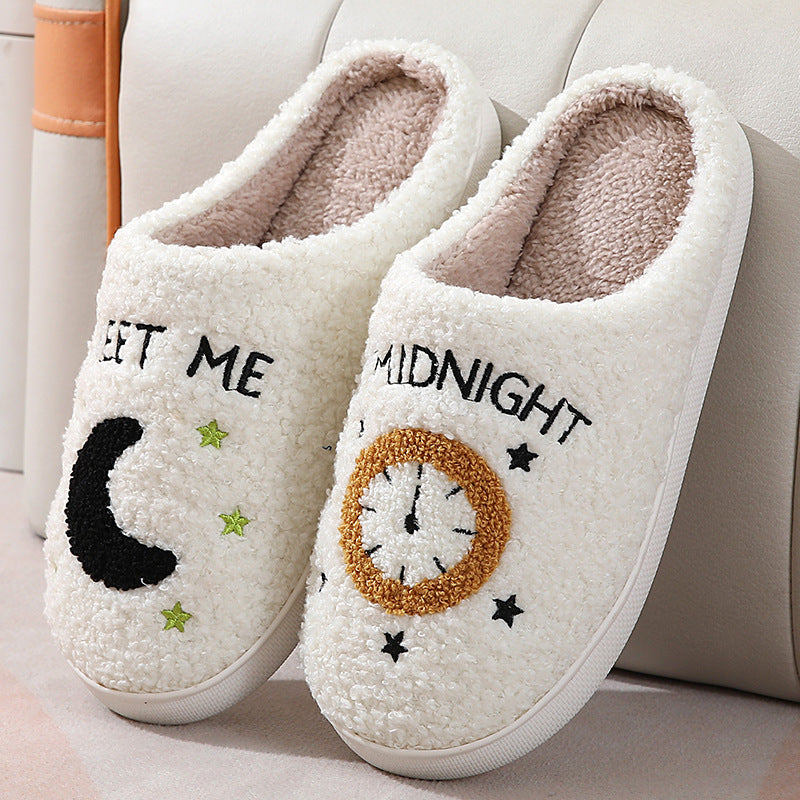 Fashion Moon And Clock Print Home Slippers Winter Warm Floor Bedroom House Shoes For Women